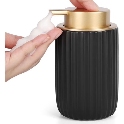 Pousse Mousse Distributeur, 320ml Flacon Mousseur Vide, Distributeur Savon Ceramique, Distributeur de Liquide Vaisselle avec Grande Tête de Pompe, Deco Salle de Bain'Noir - Or - Mousse 320ML'Noir - Or