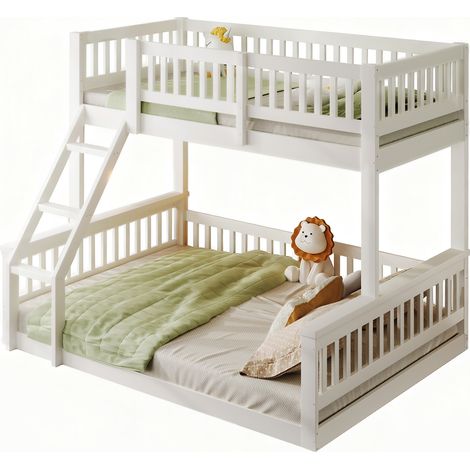Letto a castello 90x200 cm + 140x200 cm bianco con scala e sponde di sicurezza, in legno di pino, senza materasso, stile semplice per cameretta - CHICFURN (1/5)