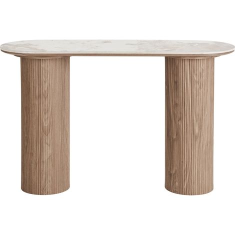 Consolle Athens piano in ceramica bianca e base in legno scanalato 120x40x78 cm