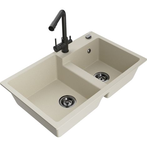 Mexen Tomas 2-Becken-Granitspüle mit Mischbatterie Duero, Beige - 6516-69-671600-70 (1/5)