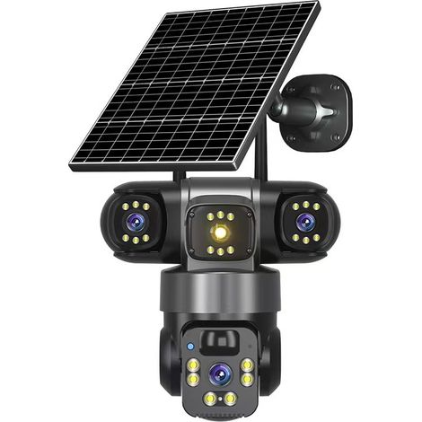 Caméra Dôme Solaire WiFi à Trois Objectifs Triple Affichage Panoramique 360° Extérieur 4 Pouces Caméra de Surveillance Autonome Étanchéité IP67, Alimentation Solaire+Batterie Lithium Intégrée DC5V