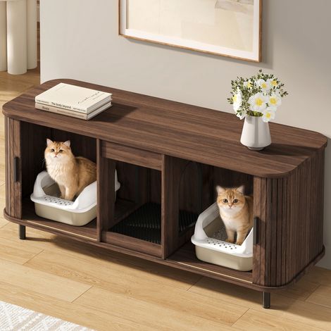 Meuble pour litière pour chat, meuble pour litière avec portes coulissantes, meuble pour litière à deux portes, meuble pour animaux, espace pour deux bacs à litière, avec bac à litière, aspect noyer, (1/5)