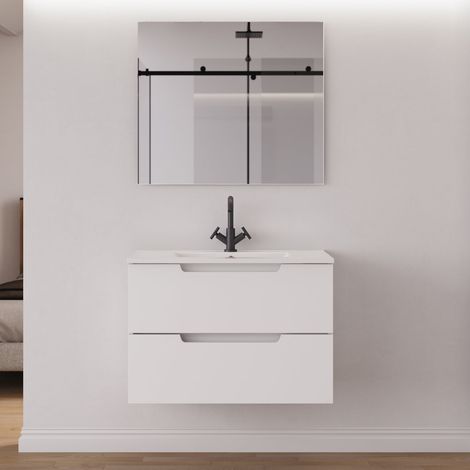 Meuble de salle de bain 60cm simple vasque - 2 tiroirs - blanc mat - SONRIZA (1/5)