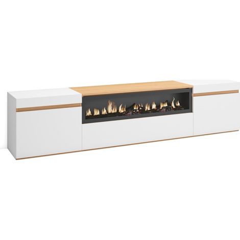 Skraut Home – Meuble TV moderne avec cheminée électrique – Grand espace de rangement 102x45x35cm – Blanc mat et chêne clair – Pour TV jusqu'à 80"