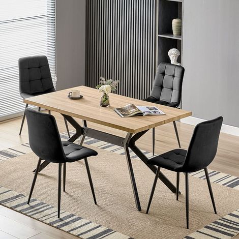 Ensemble de salle à manger - WAFTING - 140x80x73 cm - Table bois clair - 4 chaises velours noir - Rectangulaire (1/5)