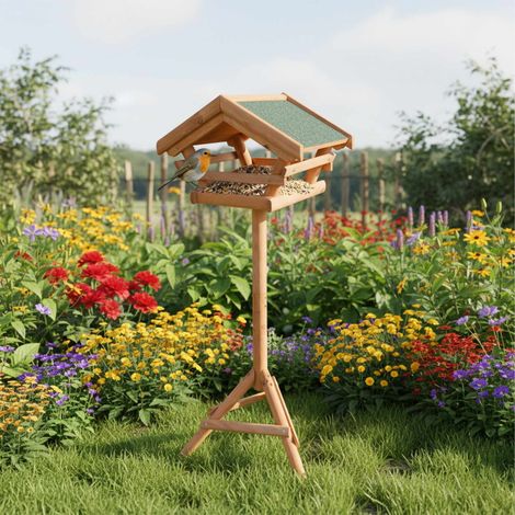Mangeoire a oiseaux en bois de sapin avec support - resistante aux intemperies (1/4)
