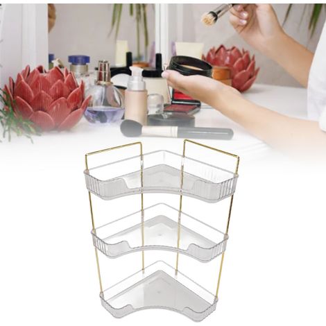 Dreieckiges Kosmetikregal, Eckaufbewahrungsbox fürs Badezimmer, luxuriöser Präsentationsständer für Schmuck und Schlafzimmerkosmetik, dreistöckiges transparentes Regal (1/5)