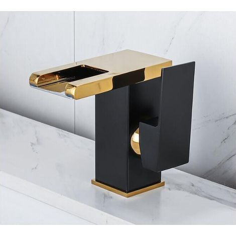 Robinet mitigeur lavabo noir or, cuivre massif, style nordique, bec court, pour meuble salle de bain et toilette, débit eau chaude froide, création originale (1/4)
