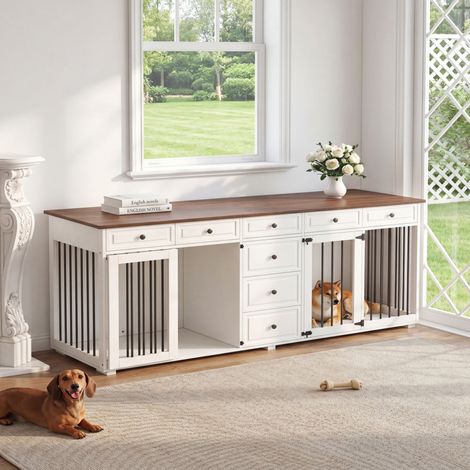 Modernluxe - Buffet avec cage pour chien 200x60x85 cm - 8 tiroirs et 2 portes - Blanc (1/5)