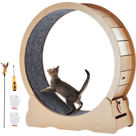Grande roue d'exercice en bois pour chat, 43,3 pouces, avec tapis amovible et plumeau, idéale pour courir, marcher et entraîner la plupart des chats, couleur jaune. (1/5)