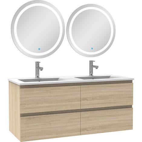 Ensemble meubles Salle de Bain 120cm double vasque et miroir lumineux rond Chêne Wotan (1/4)