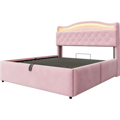 Cama tapizada 140 x 200 cm con almacenaje hidráulico, terciopelo rosa, LED, USB y USB-C (1/5)