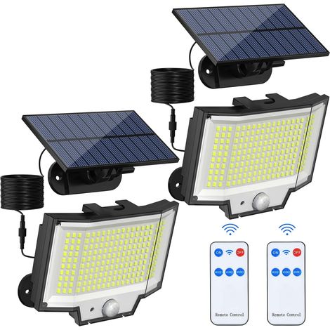 Solarlampen für Außen mit Bewegungsmelder, 200 LED Solarleuchten mit Fernbedienung, IP65 Wasserdichte, 3 Modi LED Solar Strahler für Garten mit 5M Kabel(2 Stück) (1/5)