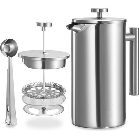 Cafetière à Piston 1L - Acier Inoxydable - Filtre Lavable - 12 Tasses - Cuillère Doseuse Incluse