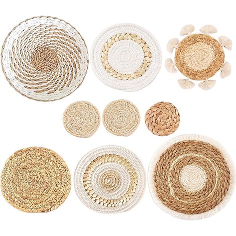 Juego de 9 adornos de pared de mimbre tejido estilo boho, planos y redondos, para cocina rústica o dormitorio. (1/4)