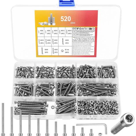 520 Pcs M3 Vis et écrous Set, M3 Boulons Vis à Tête Cylindrique à Six Pans Creux, Vis Boulon et écrous, Vis à Tête Hexagonale et Ecrous en Acier Inoxydable pour Moto Auto Mécaniques (1/5)