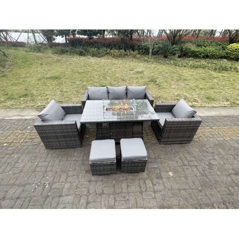 Fimous Outdoor PE Rattan Garden Furniture Gas Fire Pit Dining Table Lounge Sofa 2 PC Armchairs 2 PC Footstools Dark Grey Mixed Patio (1/4)