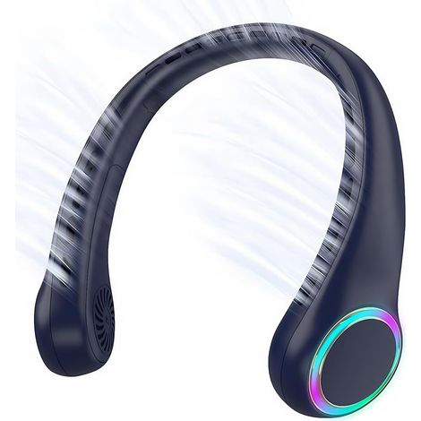 Ventilateur de nuque sans ventilateur - Lumières LED colorées - Ultra silencieux - Rechargeable par USB - Ventilateur personnel mains libres pour l'extérieur - Étude - Relaxation - Bleu foncé (1/5)