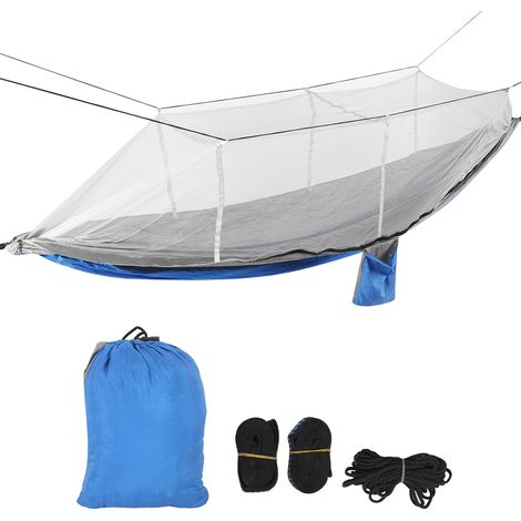 Hamac de camping simple ou double avec moustiquaire, portable et léger, sangles d'arbre incluses, bleu royal et gris, filet gris (1/5)