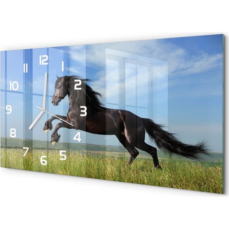 Horloge Murale Maison 60x30 cm Design Panoramique Salon Cuisine Bureau Cheval noir dans la prairie (1/5)