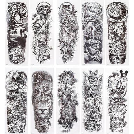 Lot 10 autocollants éphémères manches longues, tatouages temporaires waterproof longue tenue, set de faux tatouages adhésifs. (1/5)