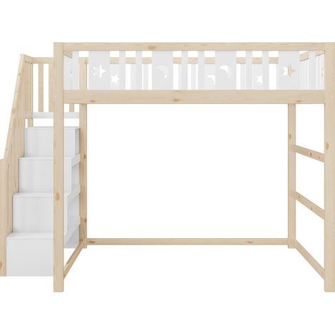 Kinder-Hochbett 140x200 cm mit Treppe, Stauraum und Mond- und Sternendekor (1/5)