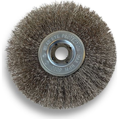 Brosse circulaire INOX Ø 125 mm Epaisseur 1 rang Fil souple 0.20 mm ondulé Alésage 16 mm Touret meuleuse affûteuse ponceuse Brossage décapage polissage dérouillage Kibros 214126IV (1/5)