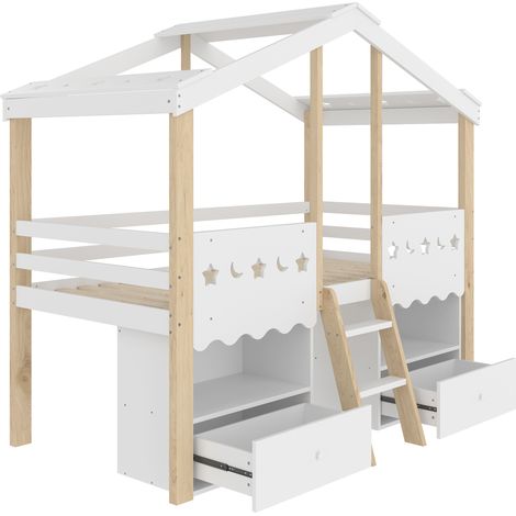 Letto semialto per bambini 90x200 cm a forma di casa con 2 cassetti e LED, bianco e naturale (1/4)