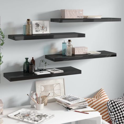 Étagère murale flottante 4 pcs Noir brillant 80x23,5x3,8 cm MDF vidaXL (1/5)