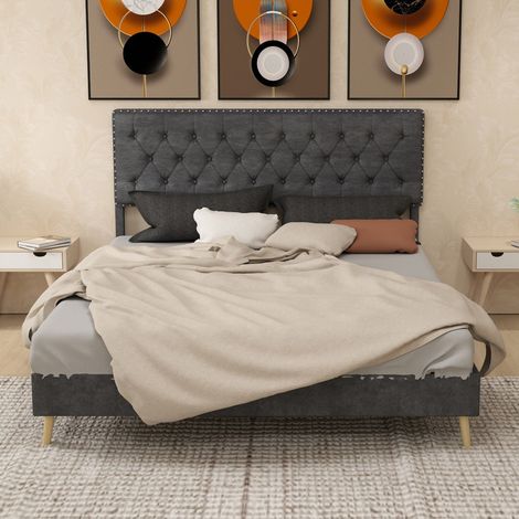 Lit 160x200cm - Lit Double 160x200cm - Tête de Lit en Velours Hollandais avec Rivets - Structure Stable et Moderne - Gris (1/5)