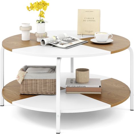 Table Basse Ronde à 2 Niveaux avec Étagère de Rangement, Table d'Appoint avec Cadre en Métal, 80 x 80 x 42 cm, Charge Totale 200 KG (1/5)