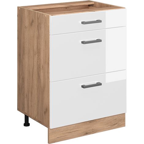 Küchenunterschrank R-Line, Weiß Hochglanz, 60 cm mit Schubladen, ohne Arbeitsplatte, Vicco