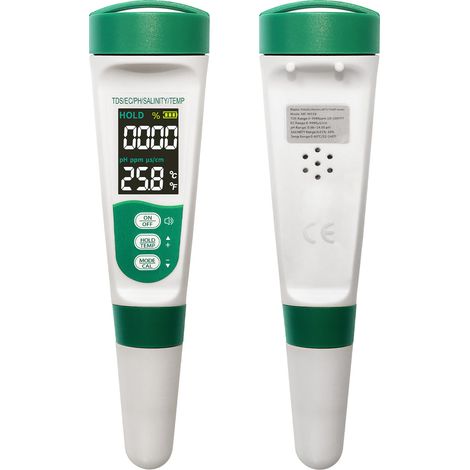 Testeur numérique de qualité de l'eau 5-en-1 (pH, TDS, EC, Salinité, Température), écran LCD rétroéclairé, kit complet avec 3 sachets de poudre d'étalonnage pH (1/5)