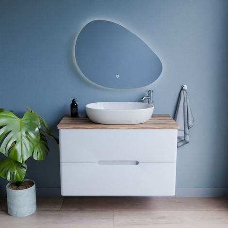 Meuble salle de bain KLASS 100 cm avec vasque à poser et Miroir LED - Blanc et Bois