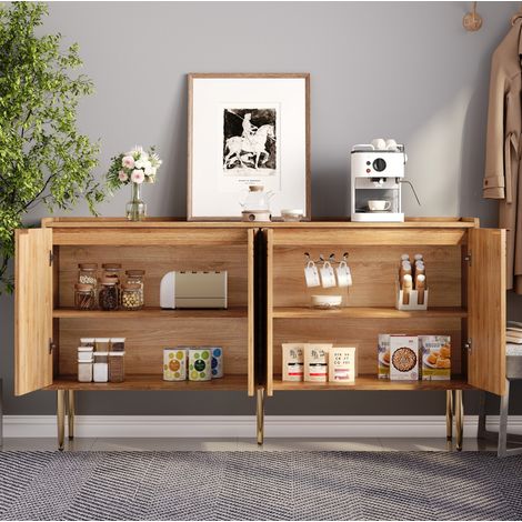 Buffet 140x38x75 cm 4 portes avec étagères réglables, naturel, panneaux de bois et métal FloraGrace (1/5)