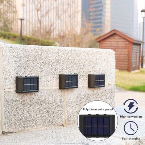 Lot 2 lampes solaires extérieur jardin, luminaires muraux haut/bas avec LED 6 et lentille, plastique blanc froid, éclairage décoratif clôture et terrasse (1/4)