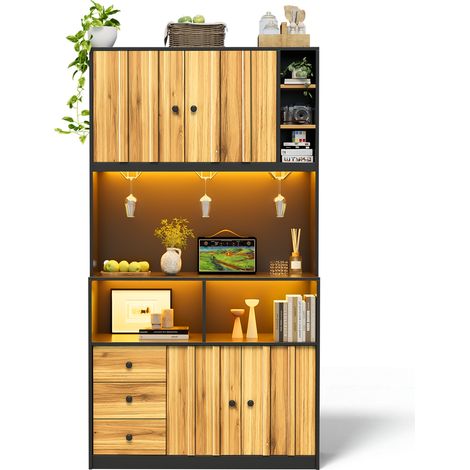 Armoire cuisine 180 cm, haute avec LED, prise électrique, casier à vin, vitrine, pour cuisine et salle à manger (1/5)