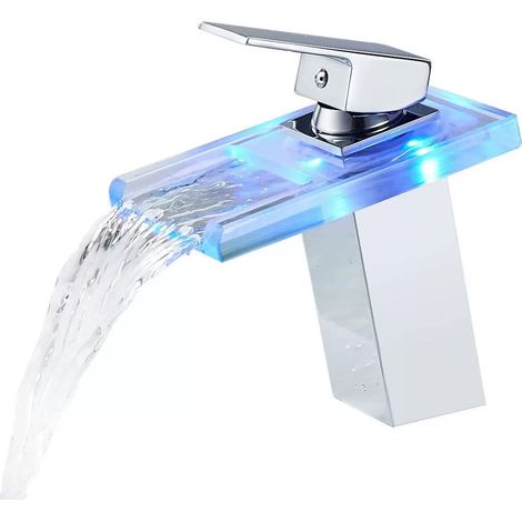 Mitigeur de lavabo cascade LED 3 couleurs, chromé, robinet de salle de bain en laiton et verre pour lavabo (1/5)