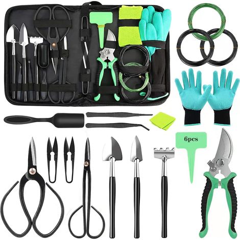 (24 Pièces) Kit Outils Bonsaï,Set Complet pour Débutant, Ciseaux et Garden Gants, Fil de Ligature, Mini Râteau,Accessoires de Précision (1/5)