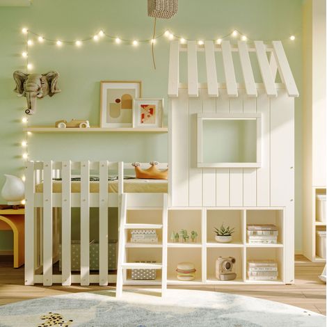Lit enfant 90x200 cabane avec rangement bois blanc OKMYHOME (1/5)