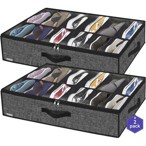 Juego de 2 bolsas para guardar zapatos con ventana transparente - Organizador de zapatos de 12 compartimentos para guardar debajo de la cama, tela de lino negra (1/5)