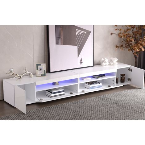 DESMIU Meuble TV 240 cm avec bande LED, pour salon et salle à manger, en MDF, blanc, 240 × 35,5 × 38,5 cm (1/5)