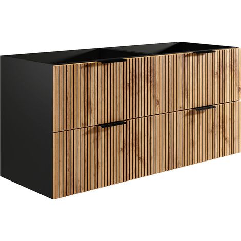 Meuble sous vasque suspendu strié - Naturel clair et noir - 120 cm - MADELA (1/4)