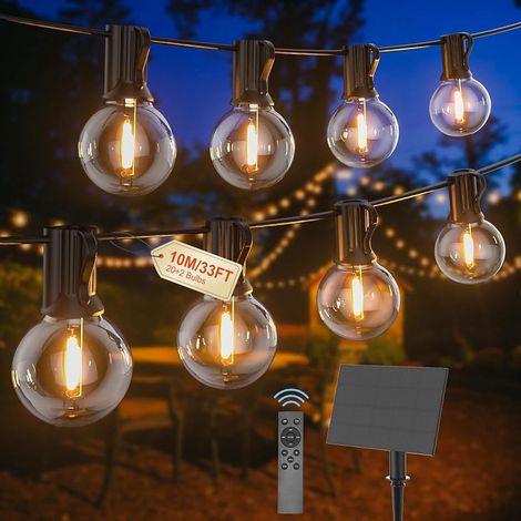Guirlande Lumineuse Extérieure Solaire Pour Jardin G40 10M, USB Ou Double Charge Solaire, Guirlande Guinguette 24V Avec Télécommande, Variateur, Minuterie, 20 Ampoules Incassables, Étanche (1/5)