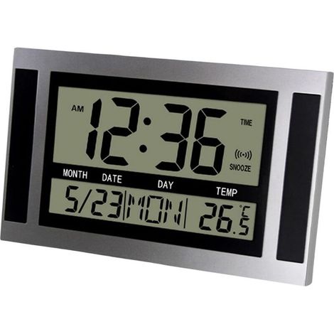 Horloge murale numérique LCD grand écran – Affichage heure, température, calendrier – Alarme avec répétition – Design moderne argent 25x15,5cm (1/5)