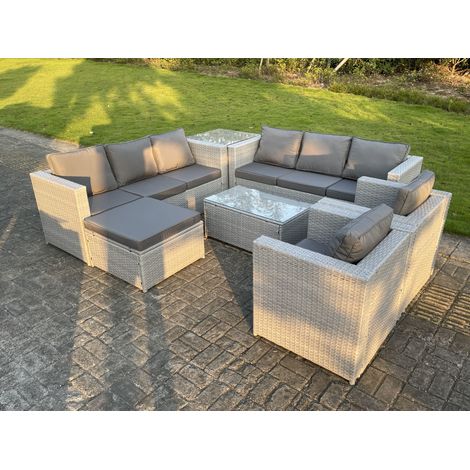 Fimous 9-Sitzer Rattan Gartenmöbel Set mit 3-Sitzer Sofa 2 Sessel Beistelltisch Couchtisch Großer Fußhocker Helles Grau (1/5)
