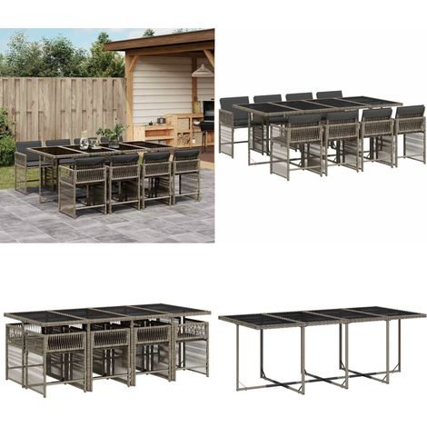 Set comedor jardín 9 pzas y cojines ratán sintético gris - Sillas de jardín - Cojines para sillas