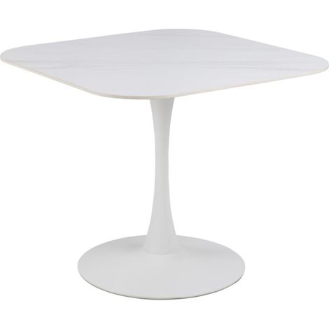 Hellin – Table à manger carrée 90x90 cm en céramique marbrée – Pied tulipe en métal – Résistante aux rayures et à la chaleur (1/5)