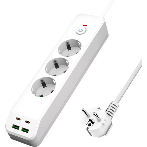 JSSEVN-Regleta de 3 tomas, cable de 1,8 m con 2 puertos USB y 2 puertos Tipo-C, 2500 W, ignífuga, regleta para oficina y hogar.