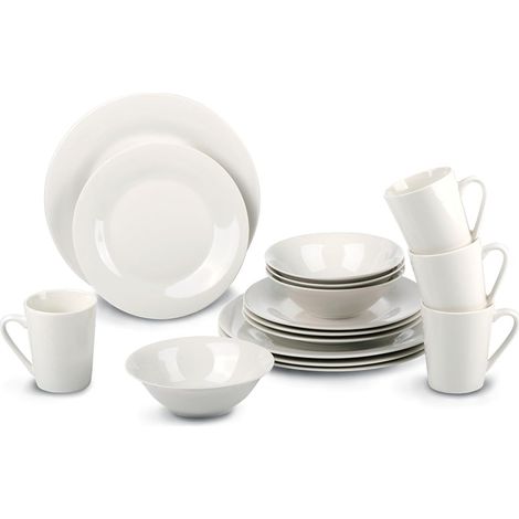 Assiettes Service de Table 4 Personnes - Service d'Assiettes et Bols en Faïence - Assiettes Plates, Assiettes à Dessert, Bols et Tasse a Cafe - Passe au Micro-Ondes et au Lave-Vaisselle - Blanc (1/5)